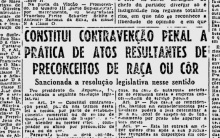Notícia publicada no Jornal do Brasil sobre a aprovação da Lei Afonso Arinos.