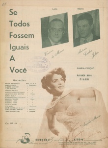 Partitura de Se todos fossem iguais a você, com Angela Maria, Tom e Vinícius na capa e lista dos principais intérpretes.