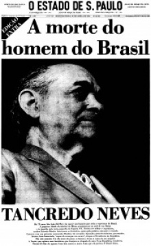 Primeira página do jornal Estado de São Paulo anuncia a morte de Tancredo Neves.