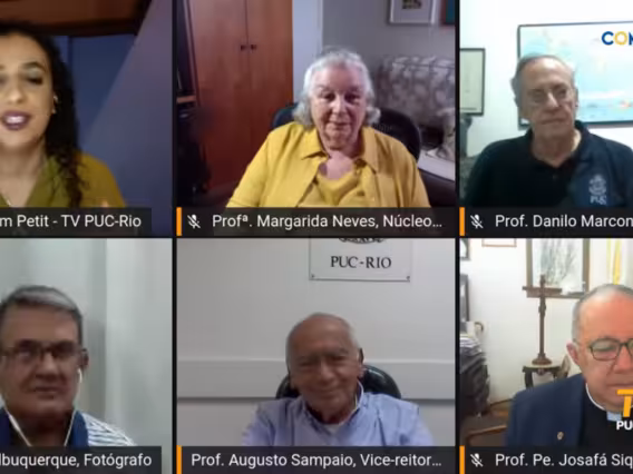 Participação dos professores Carmem Petit (COM), Margarida Neves (Núcleo de Memória), Danilo Marcondes (FIL), Augusto Sampaio (COM), Pe. Josafá Carlos de Siqueira S.J. (BIO) e do fotógrafo Antônio Albuquerque (VRC, Núcleo).