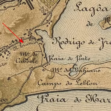 Detalhe do "Mappa do munícipio neutro", de E. de Maschek, da década de 1870. A seta vermelha indica o rio Branco, como o rio Rainha era denominado. Acervo da Biblioteca Nacional do Brasil.