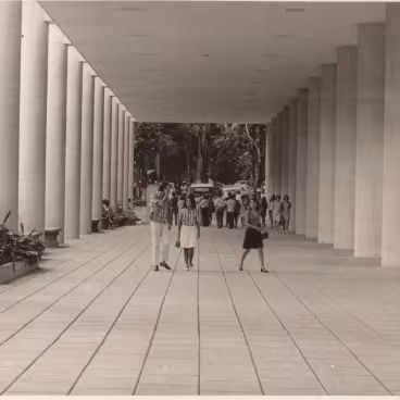 Alunos nos pilotis. Ao fundo, o Bosque do campus. 1967. Fotógrafo desconhecido. Acervo do Núcleo de Memória da PUC-Rio.