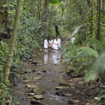 Purificação do Rio Rainha, com sal grosso, ação desenvolvida pelos alunos da turma de Plástica do Departamento de Arquitetura e Urbanismo da PUC-Rio. 2012. Fotógrafo Antônio Albuquerque. Acervo do Núcleo de Memória da PUC-Rio.