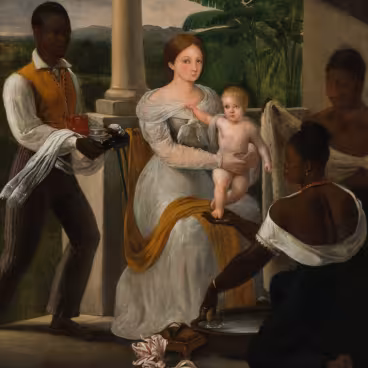 Arnaud Julien Pallière. O filho do artista tomando banho na varanda da residência de seu avô, Grandjean de Montigny. 1830. Óleo sobre tela. Coleção Brasiliana Itaú.